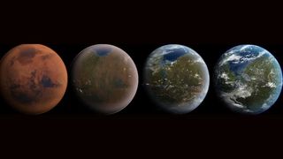 Artist&#039;s illustration depicting the terraforming of Mars — turning into a more Earth-like world.