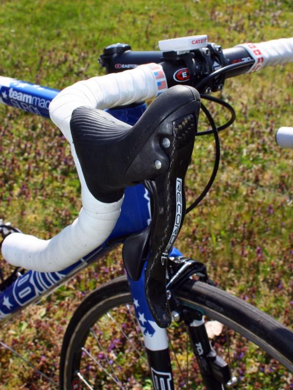 Bolted to the bars are Campagnolo's latest Record Ergopower levers.