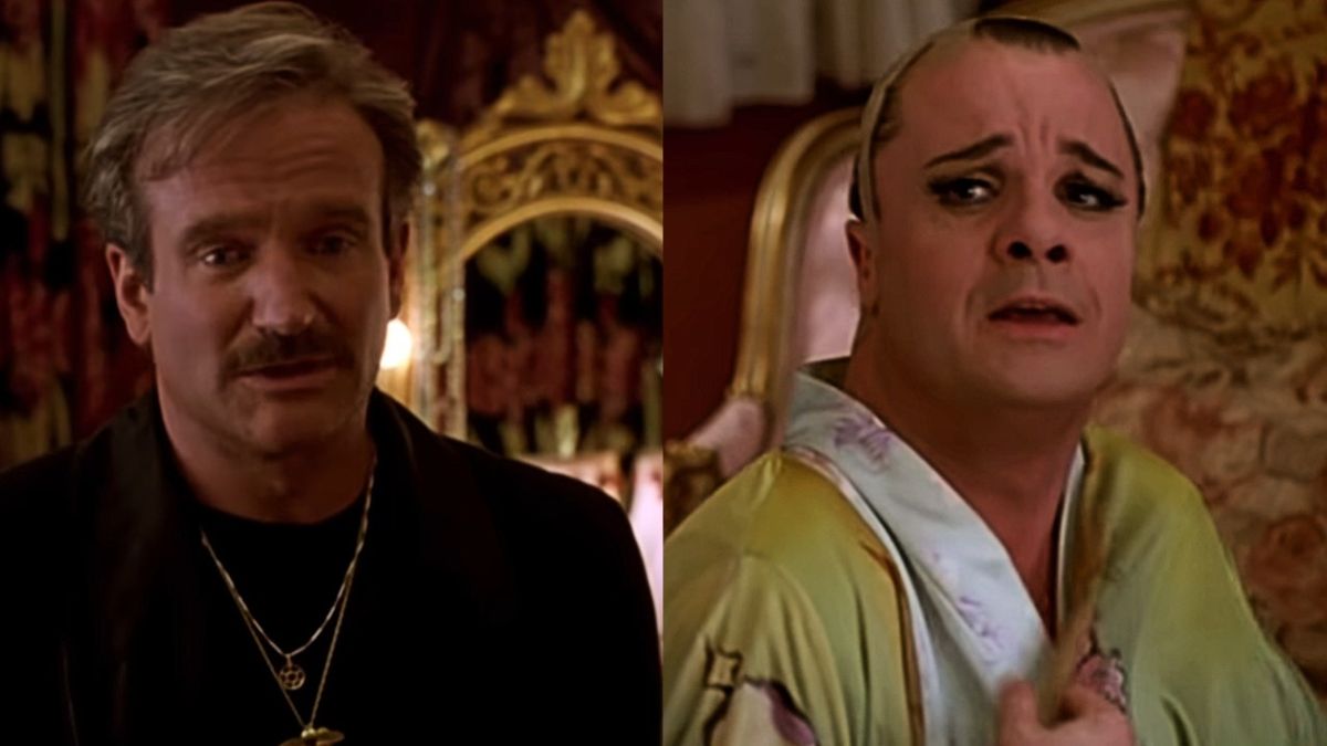 From left to right a side by side of Robin Williams and Nathan Lane in The Birdcage