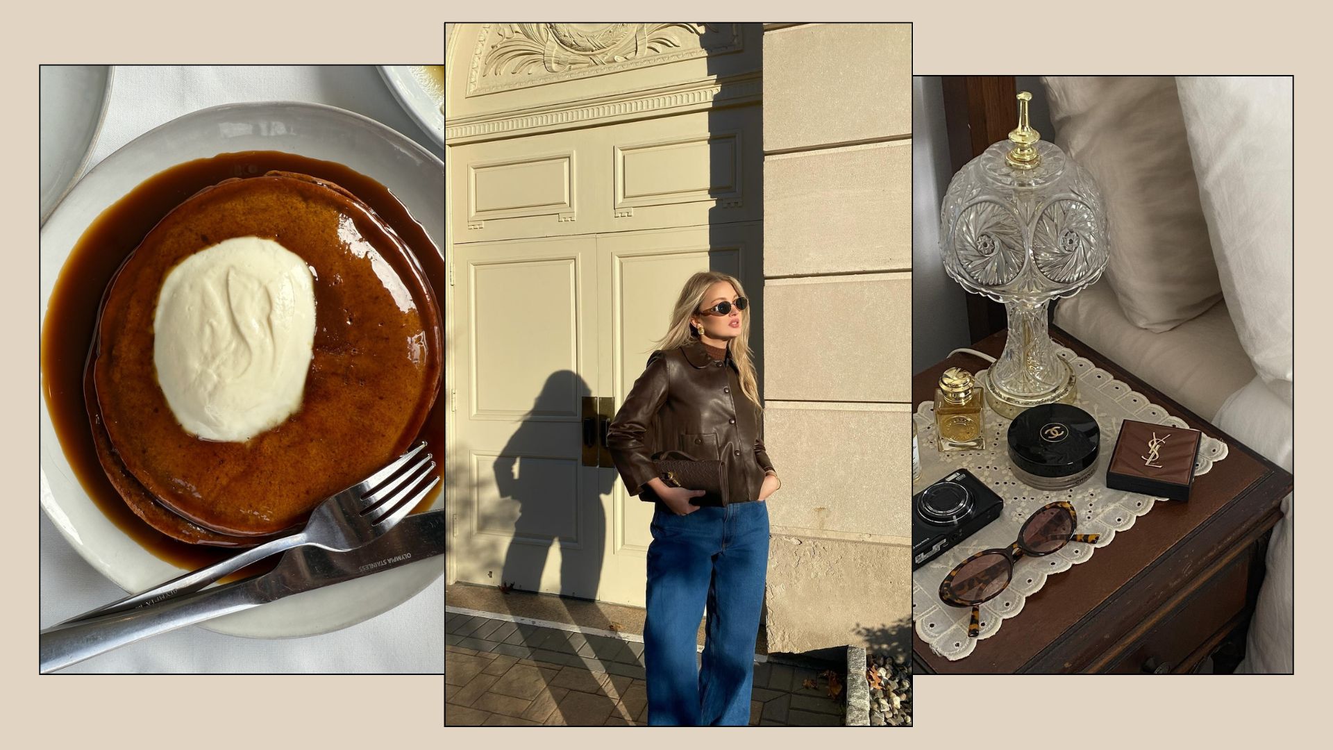 A collage of a caramel dessert, a woman in a brown leather jacket and a bedside table with perfumes on