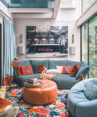 cozy living room with blue edra sofa