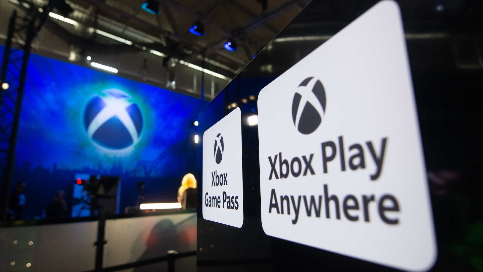 An Xbox sign is seen at the Xbox booth at the Cologne trade fair center in Cologne, Germany
