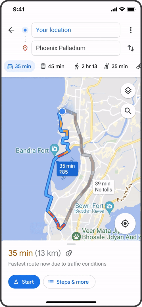Google Maps' toll feature