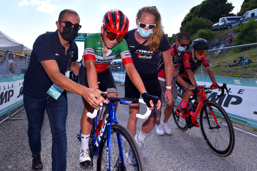 MONTE MATAJUR ITALY JULY 10 Elisa Longo Borghini of Italy and Team Trek Segafredo at arrival during the 32nd Giro dItalia Internazionale Femminile 2021 Stage 9 a 1226km stage from FelettoUmberto to Monte Matajur 1267m GiroDonne UCIWWT on July 10 2021 in Monte Matajur Italy Photo by Luc ClaessenGetty Images