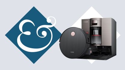 Yeedi S20 Infinity robot vacuum on tile background next to Homes & Gardens '&' logo.