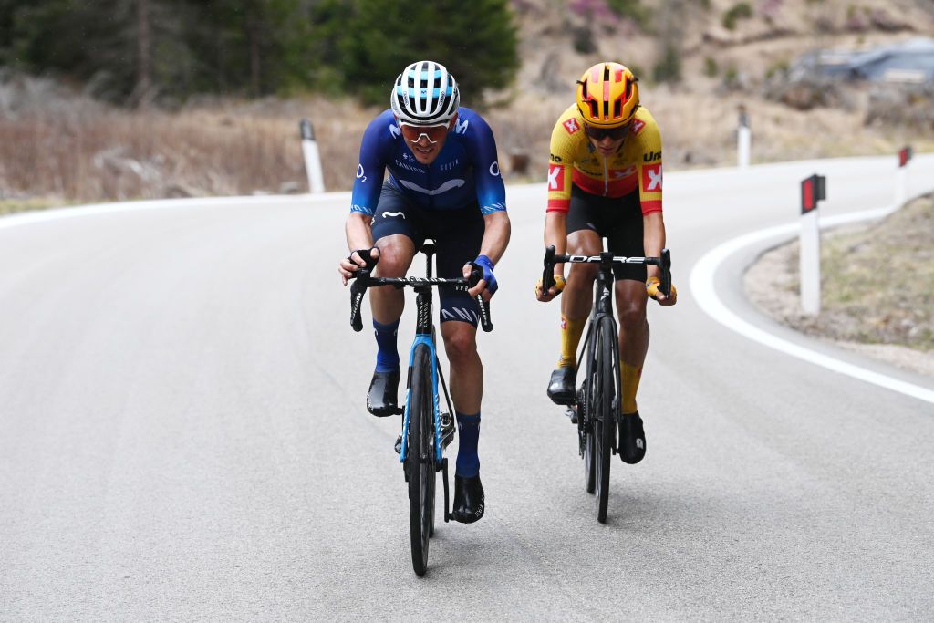 PREDAZZO ITALY APRIL 20 LR Gregor Muhlberger of Austria and Movistar Team and Torstein Tren of Norway and UnoX Pro Cycling Team compete in the chase group during the 46th Tour of the Alps 2023 Stage 4 a 1529km stage from Rovereto to Predazzo 1023m on April 20 2023 in Predazzo Italy Photo by Tim de WaeleGetty Images
