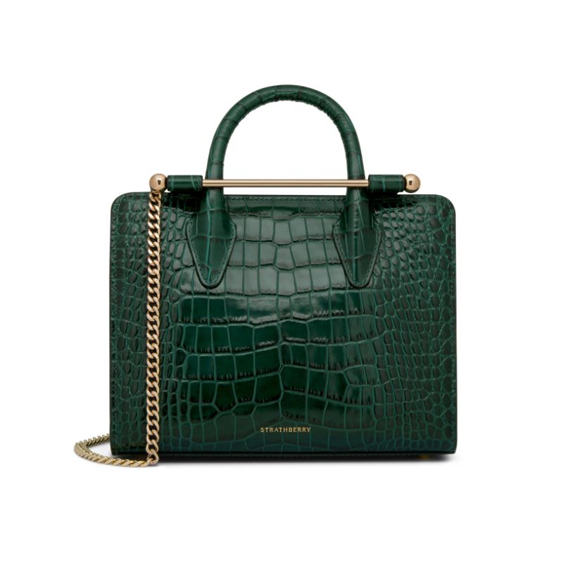Strathberry, Mini Tote in Croc Bottle Green