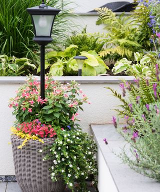 Raised garden bed ideas in a sunny patio spot, with a wicker planter and lamp post in front.