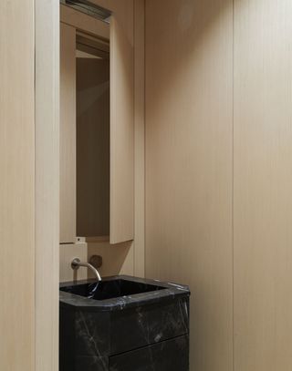 Detail of bathroom at Olympia in Dumbo, with wooden walls and a marble sink