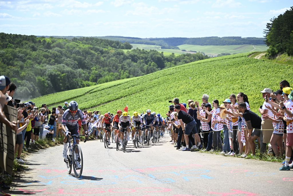 The pack of riders pictured in action during stage 9 of the 2024 Tour de France cycling race, from Troyes to Troyes, France (199 km) on Sunday 07 July 2024. The 111th edition of the Tour de France starts on Saturday 29 June and will finish in Nice, France on 21 July.
BELGA PHOTO JASPER JACOBS (Photo by JASPER JACOBS / BELGA MAG / Belga via AFP)