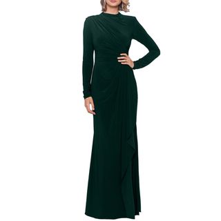 The deep green Betsy & Adam Ruffle Long Sleeve Sheath Gown on a blonde woman