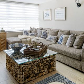 living room with wooden coffee table and sofa
