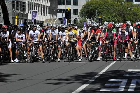 Riders line up at the start of the criterium in downtown Wellington
