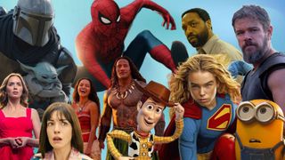 Characters from various movies set to be released in summer 2026 on a blue background