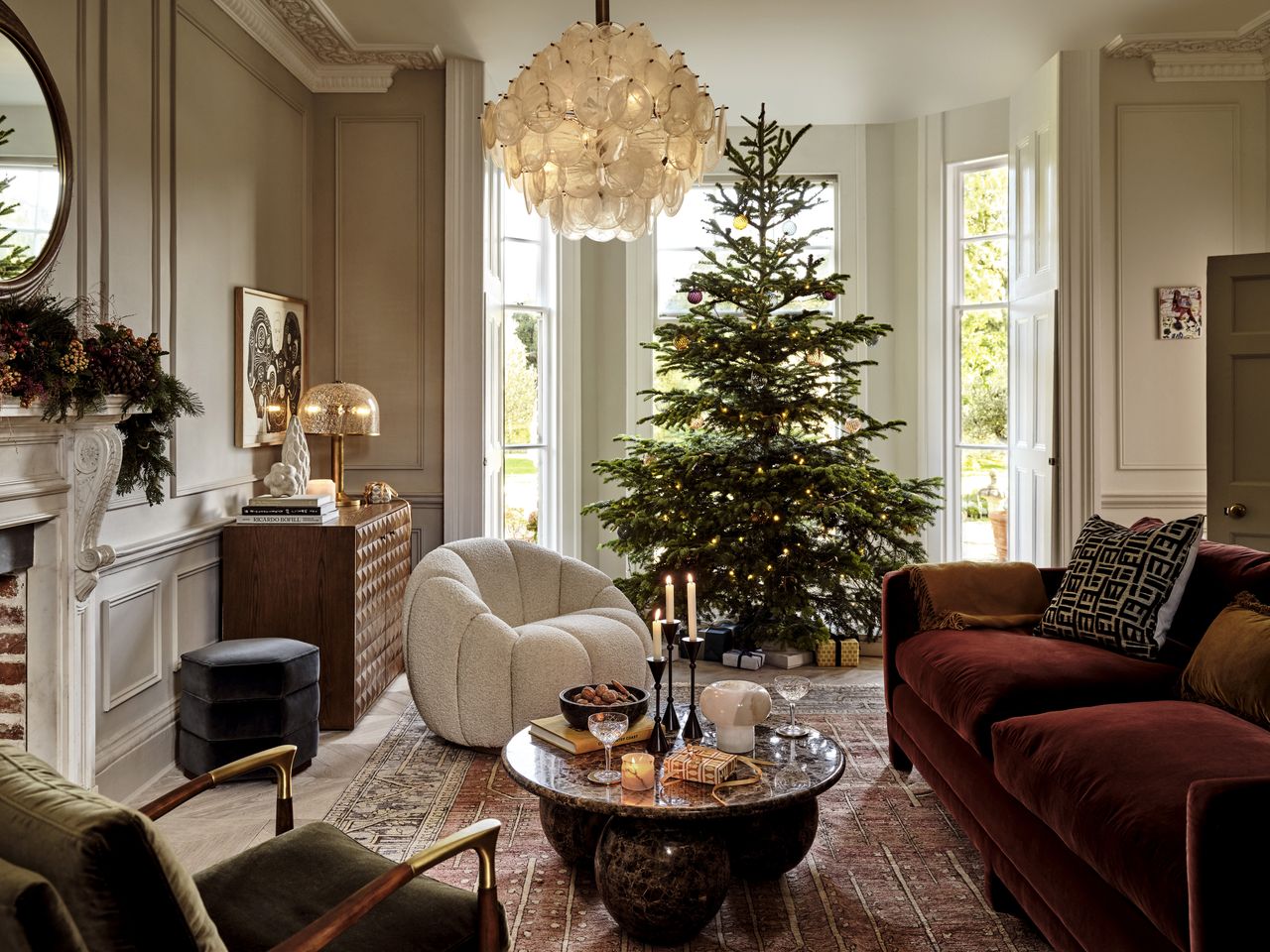 A living room decorated with a Christmas tree