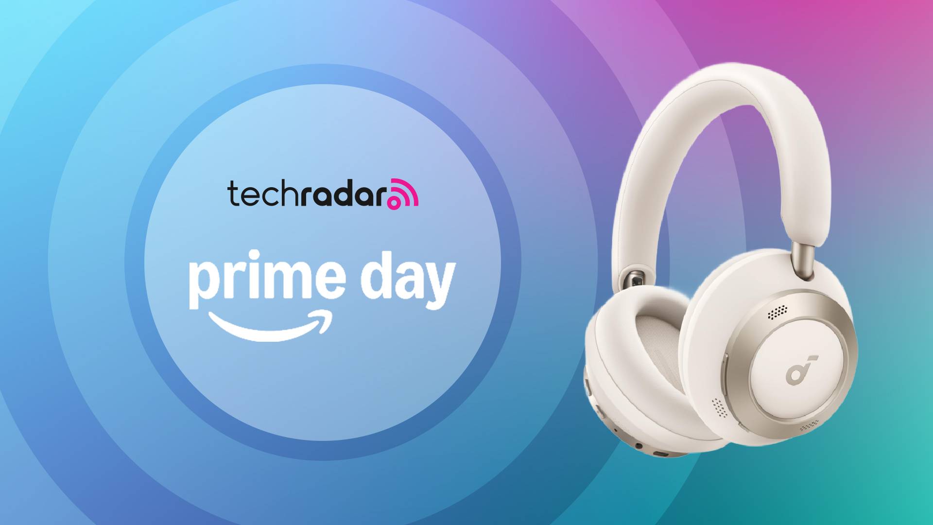 Soundcore Space One Pro on multicolored background with the words &#039;TechRadar: Prime Day&#039; positioned on the left side of the image