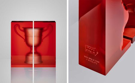 Trophy for Mille Miglia 2024 as a red perspex box by Sabine Marcelis