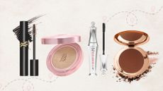 Lineup of beauty products (L-R) YSL mascara, BANILA CO cushion foundation, Benefit brow gel and Charlotte Tilbury bronzer on a beige background with map details and bronzer and mascara swatches