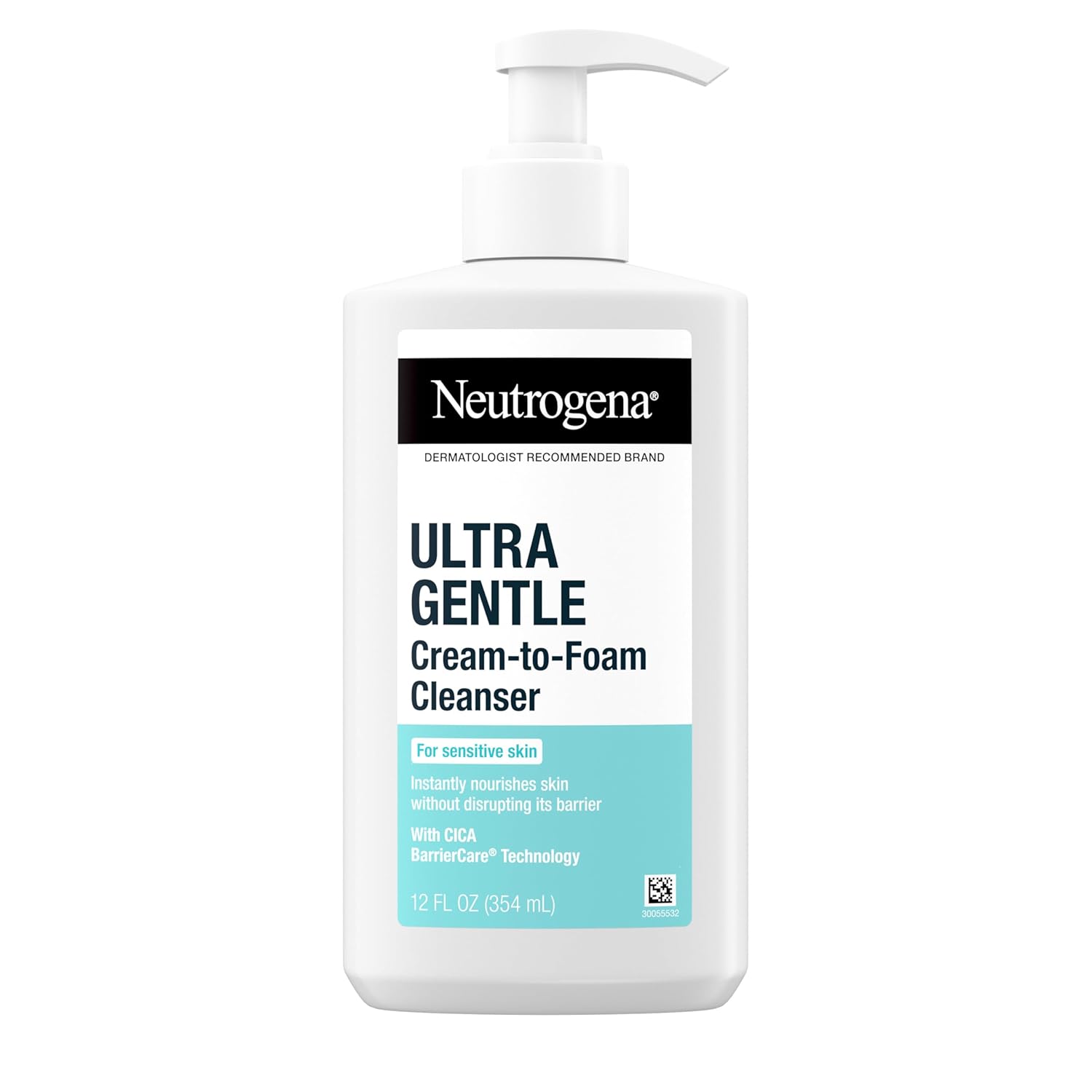 Neutrogena Ultra Gentle Cream to Foaming Face Wash for Sensitive Skin, Fragrance-Free Gentle Facial Cleanser, Hypoallergenic Skin Care, Non-Comedogenic Makeup Remover, 12 Fl Oz