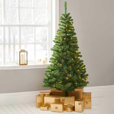 Wilko 6ft Green Pre-Lit Fir Artificial Christmas Tree surrounded by gold presents