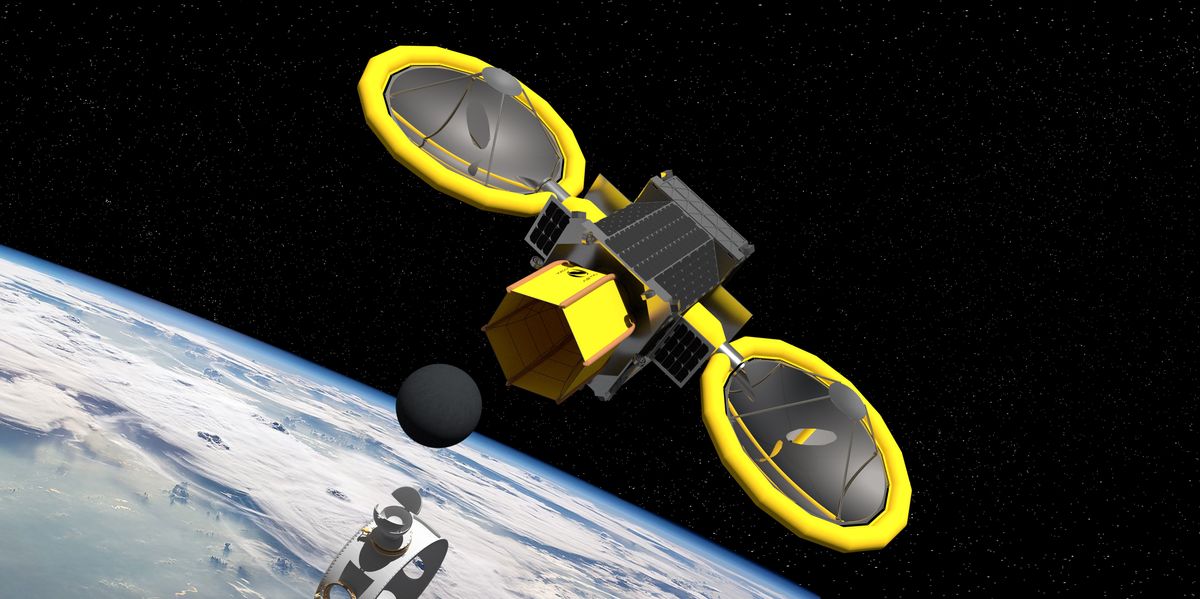 An artist&#039;s depiction of the Mini Bee spacecraft designed to test optical mining in space.