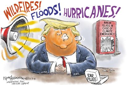 Political Cartoon U.S. Trump Disasters Earplugs