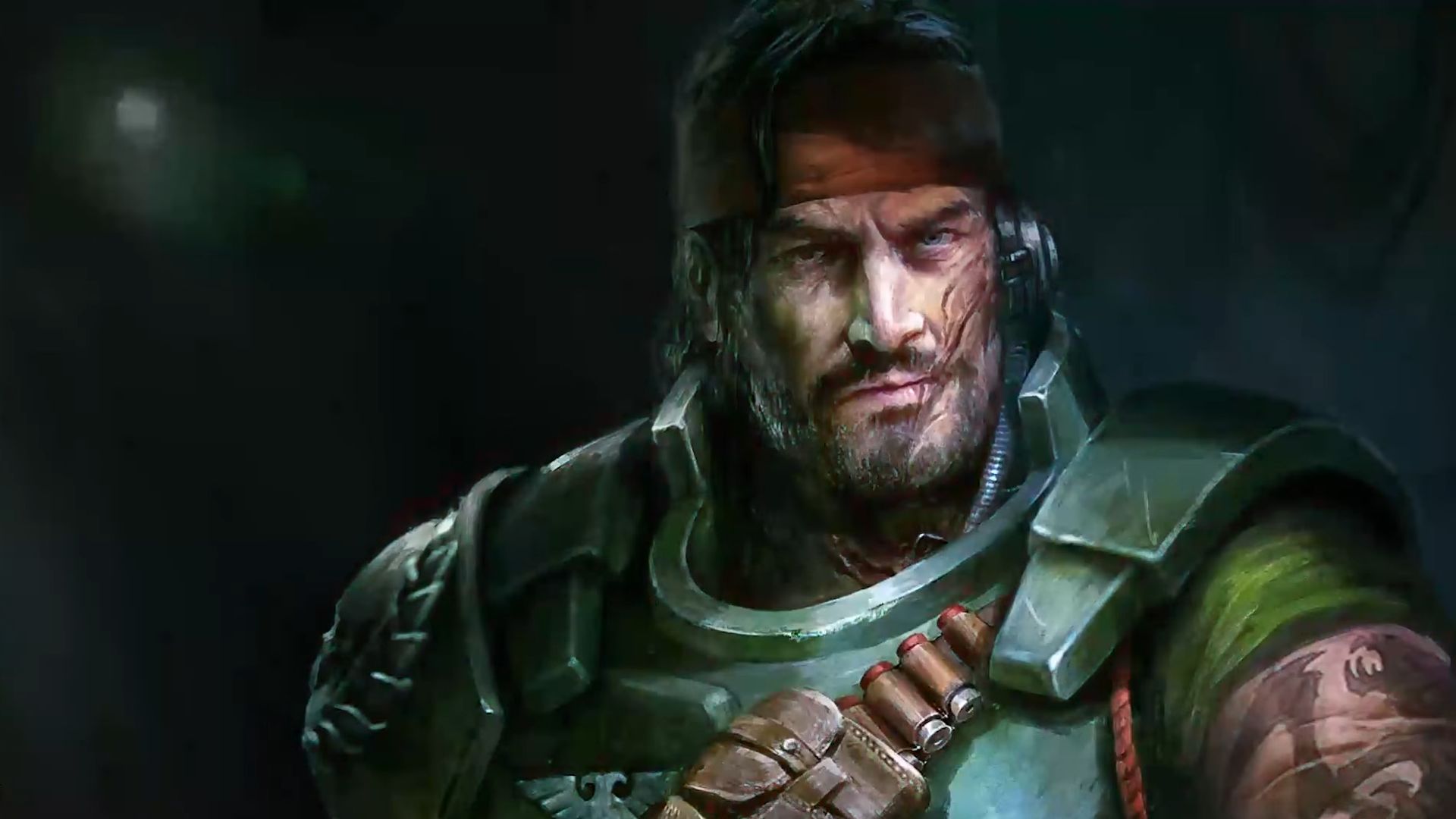 Haymar Devos, a scarred Guard veteran in a red bandana