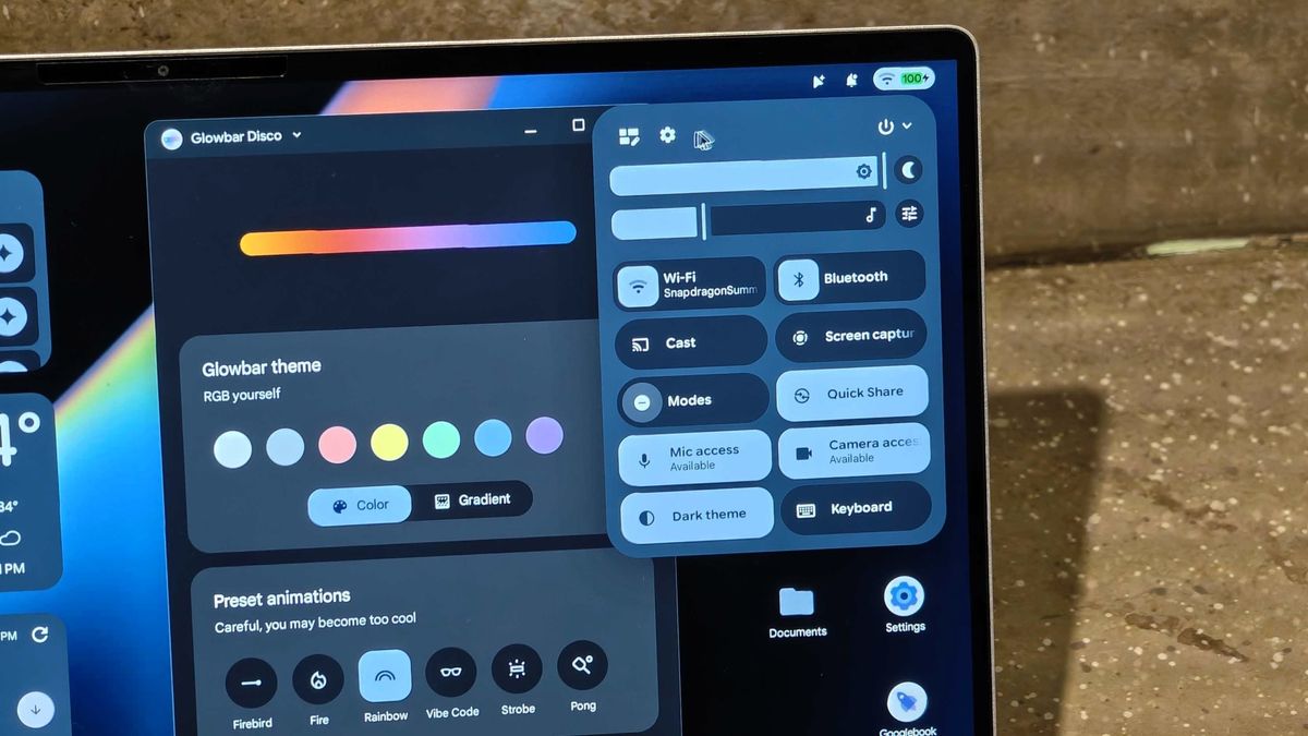 Googlebook quick settings menu