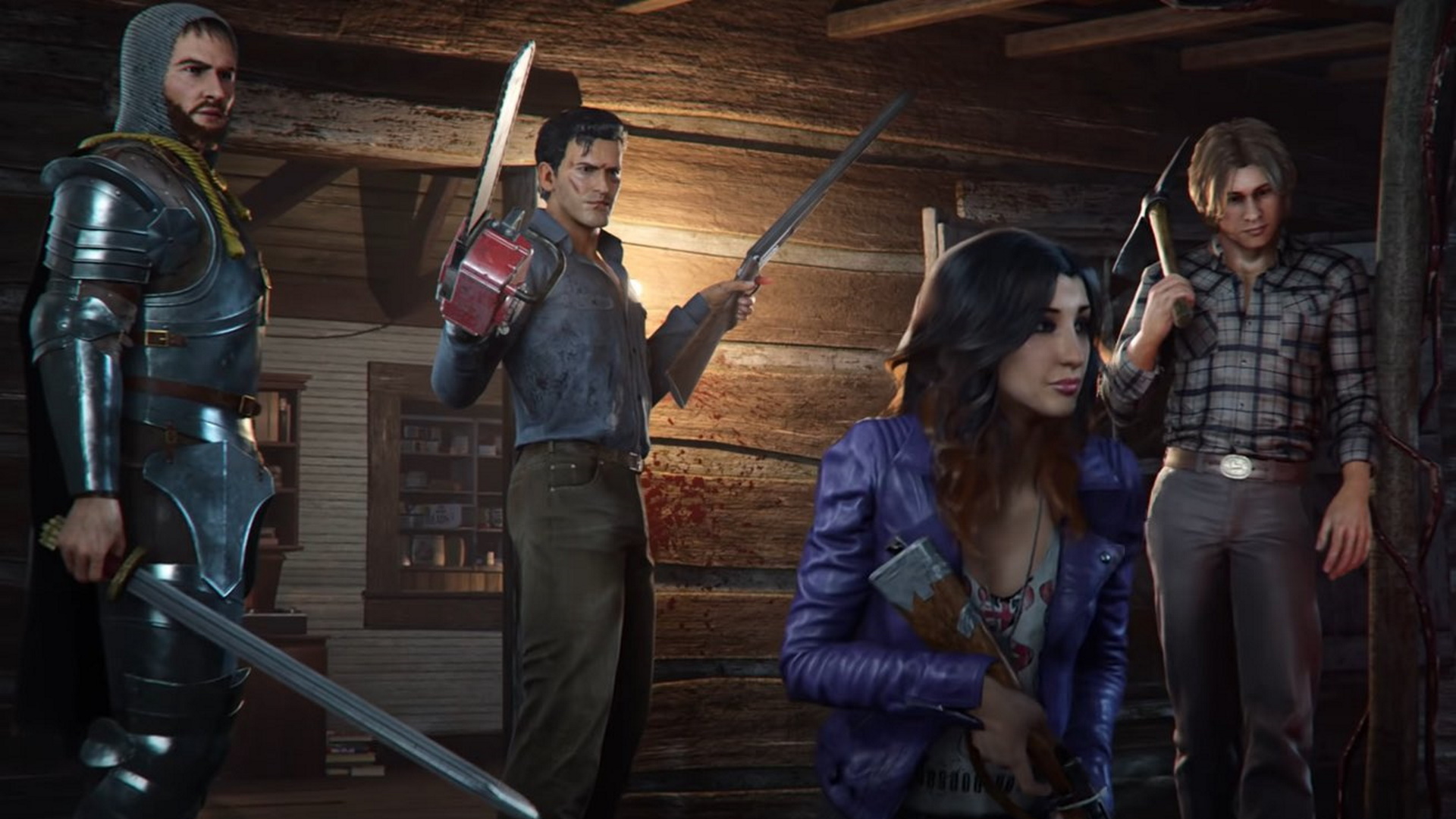 Evil Dead: The Game - Ash and other characters stand on the front porch of a cabin