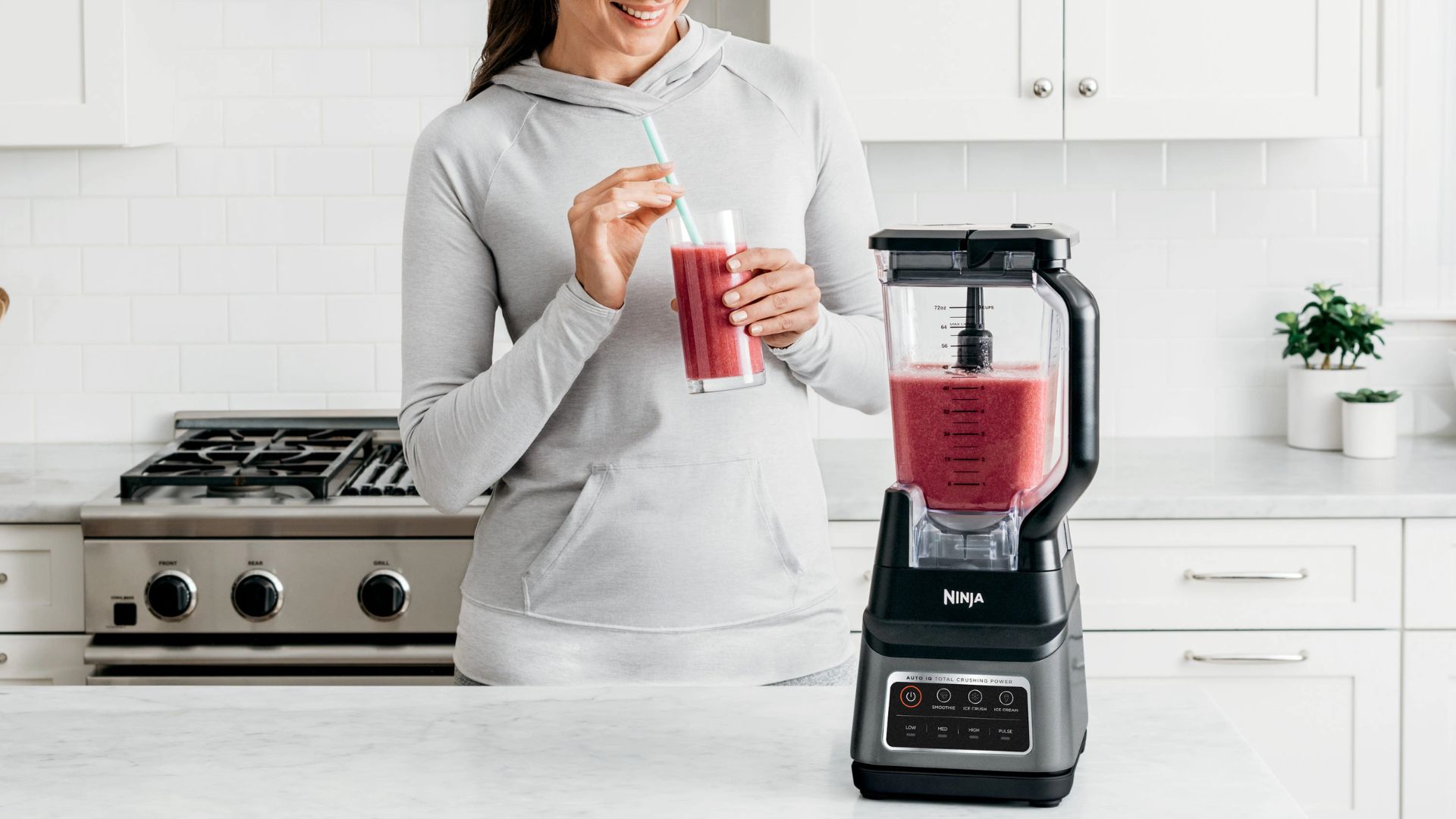 A freshly made smoothie in the Ninja Professional Plus