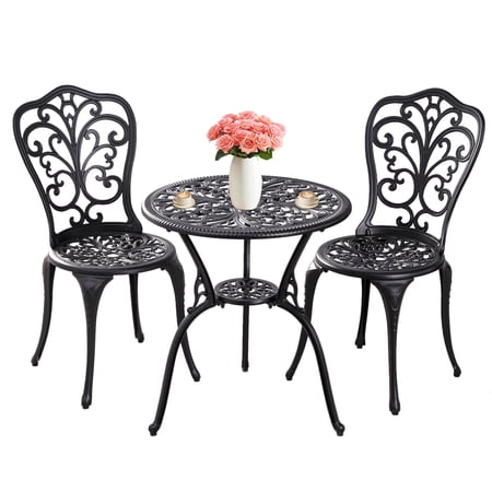 Withniture 3pcs Outdoor Bistro Set, Cast Aluminum Patio Dining Table and Chairs With 2" Umbrella Hole&amp;#65292;for Front Porch, Garden Black