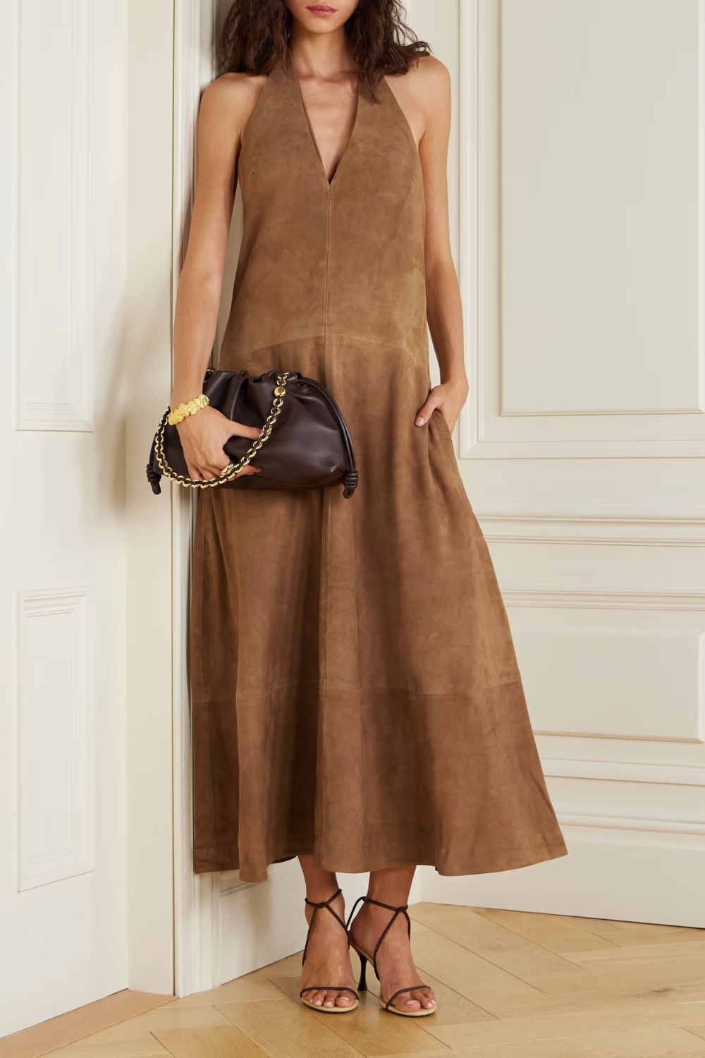 St. Agni Paneled suede halterneck maxi dress