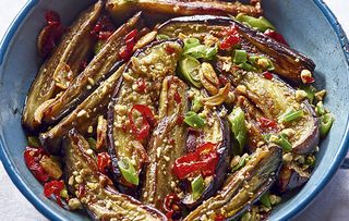 Aubergines with ginger, spring onion and chilli