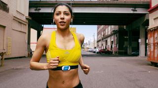 Wahoo heart rate monitor worn by a female athlete