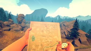 En spelare håller upp en karta och en kompass ute i en skog i spelet Firewatch.