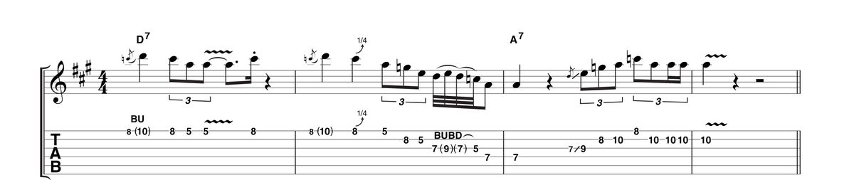Moving to some mid-solo type phrasing, this example features triplets, staccato hits, quarter-tone bends and quick-fire bursts. In the early 1960s this was unheard of, especially while running around in the audience.