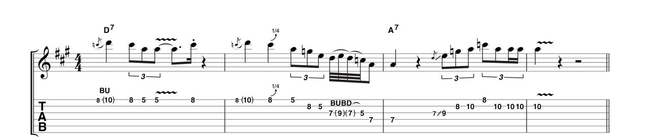 Moving to some mid-solo type phrasing, this example features triplets, staccato hits, quarter-tone bends and quick-fire bursts. In the early 1960s this was unheard of, especially while running around in the audience.