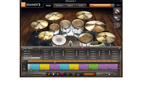 The kit graphic changes to reflect your loaded kit (but not individual pieces). Audition sounds by clicking the drums