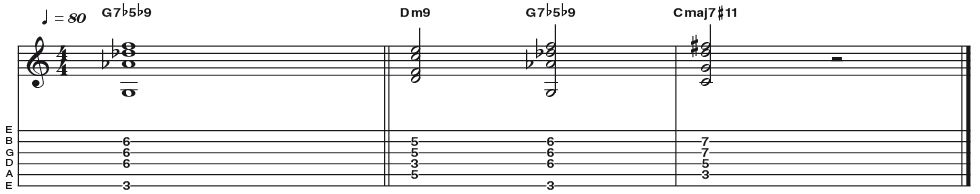 Example 47: D flat/G - This example is a really cool sounding slash chord variation on the altered tonality. The chord here can be seen two ways, either as Db triad over a G bass note, or as G7b5b9. Regardless of how you wish to term it, doesn't this voicing sound great?