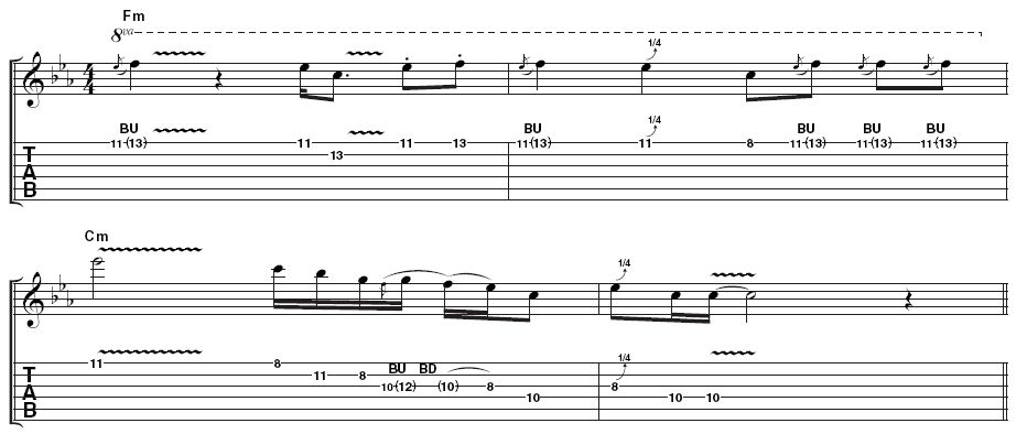 Lick 3: You're off to a syncopated start here, leading through to a series of bends including a two-tone bend that Albert was very fond of. The last pentatonic phrase is similar to his playing on Oh Pretty Woman with Gary Moore.