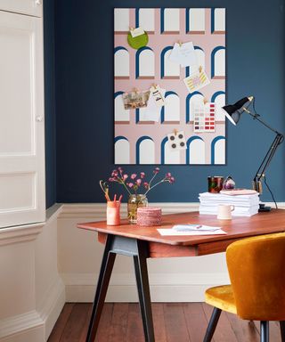 room with blue wall and notice board and wooden floor and desk with lamp and chair