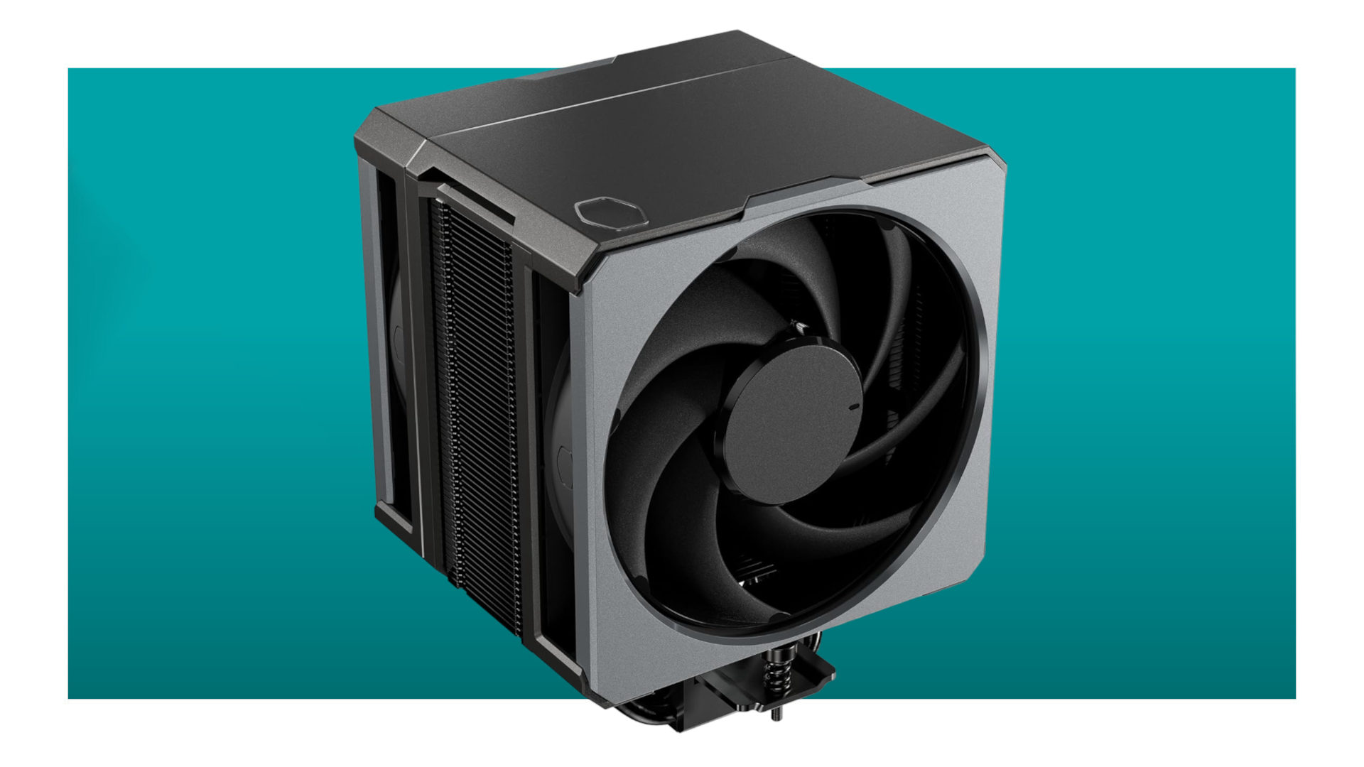 An image of a Cooler Master Hyper 612 Apex CPU air cooler against a teal background with a white border