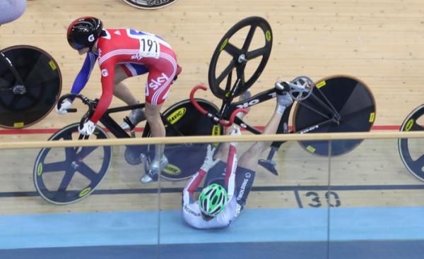Elena Brezhniva hits the deck in the women's keirin heat
