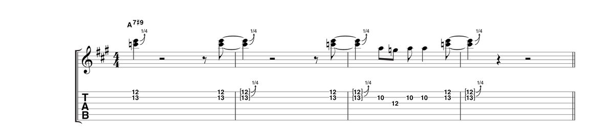 Taking a similar approach to lick 1, but using raunchier sounding doublestops, this example has a less staccato feel and more of those classic quarter-tone bends at the tail end of each phrase. At the end of the third bar, be sure to add some stinging vibrato to the last A before the final doublestop.