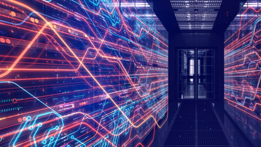 Data center energy efficiency concept image showing data center server room with digitized energy flows winding along racks.