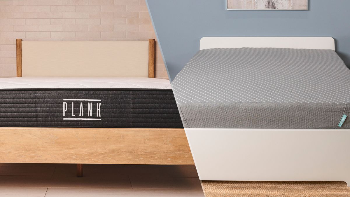 The Plank Firm mattress on a bed frame in a bedroom (left) and the Siena Memory Foam Mattress on a bed frame in a bedroom (right)