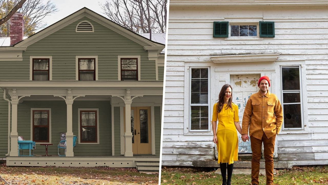 green home exterior, couple in front of aged home