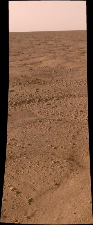 This image, one of the first captured by NASA's Phoenix Mars Lander, shows the vast plains of the northern polar region of Mars just after landing on May 25, 2008. The flat landscape is strewn with tiny pebbles and shows polygonal cracking, a pattern seen