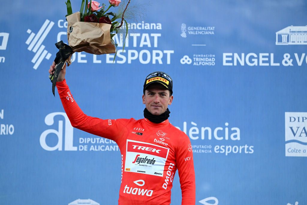 ALTO DE PINOS SPAIN FEBRUARY 02 Giulio Ciccone of Italy and Team Trek Segafredo celebrates at podium as Orange Points Jersey winner during the 74th Volta a la Comunitat Valenciana 2023 Stage 2 a 1782km stage from Novelda to Alto de Pinos 621m VCV2023 VoltaValenciana on February 02 2023 in Alto de Pinos Spain Photo by Dario BelingheriGetty Images