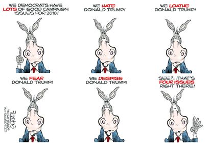 Political cartoon U.S. midterm elections democrat campaign platform hate fear despise loath Trump